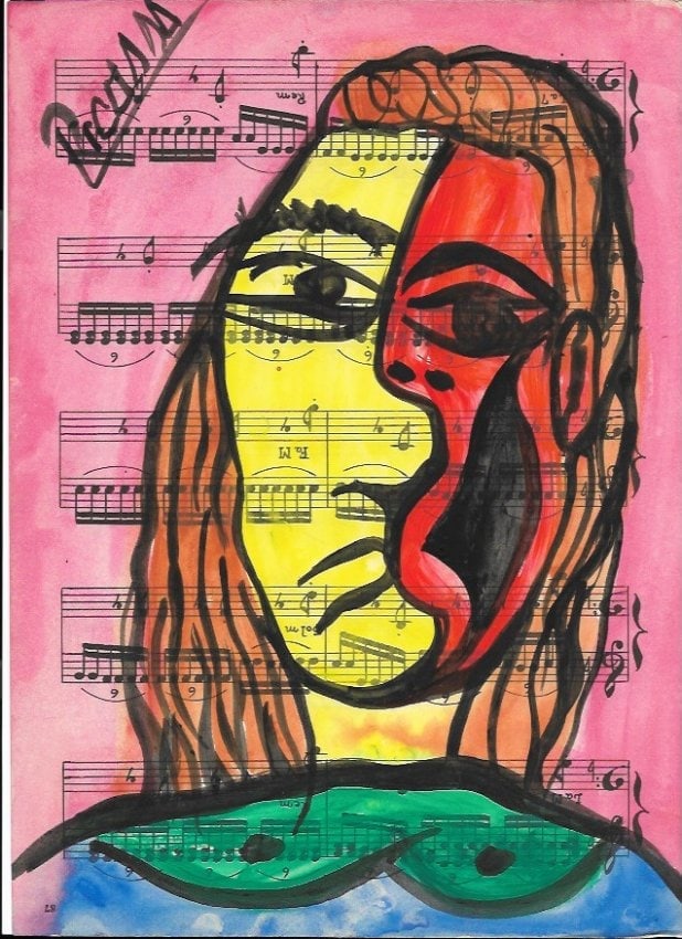 Mixed Media Pablo Picasso Drawing on Paper (After Artist): Mixed Media Pablo Picasso((After Artist)Drawing on Paper Music Notes. Approx Size: 12 x 8 1/2 inches. Provenance: Private NY Collection. It is being sold as in the manner Style of artist. Good Conditi