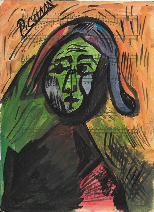 Mixed Media Pablo Picasso Drawing on Paper (After Artist): Mixed Media Pablo Picasso Drawing on Paper Music Notes. Approx Size: 12 x 8 1/2 inches. Provenance: Private NY Collection. (After Artist). Good Condition See Photos.After definition: For paintings/uni