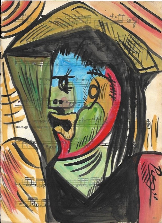 Mixed Media Pablo Picasso Drawing on Paper (After Artist): Mixed Media Pablo Picasso Drawing on Paper Music Notes. Approx Size: 12 x 8 1/2 inches. Provenance: Private NY Collection.(After Artist). Good Condition See Photos.After definition: For paintings/uniq