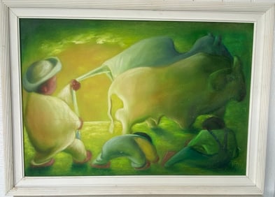 Mexican Modernist Children Oil on Canvas signed Plata 1975