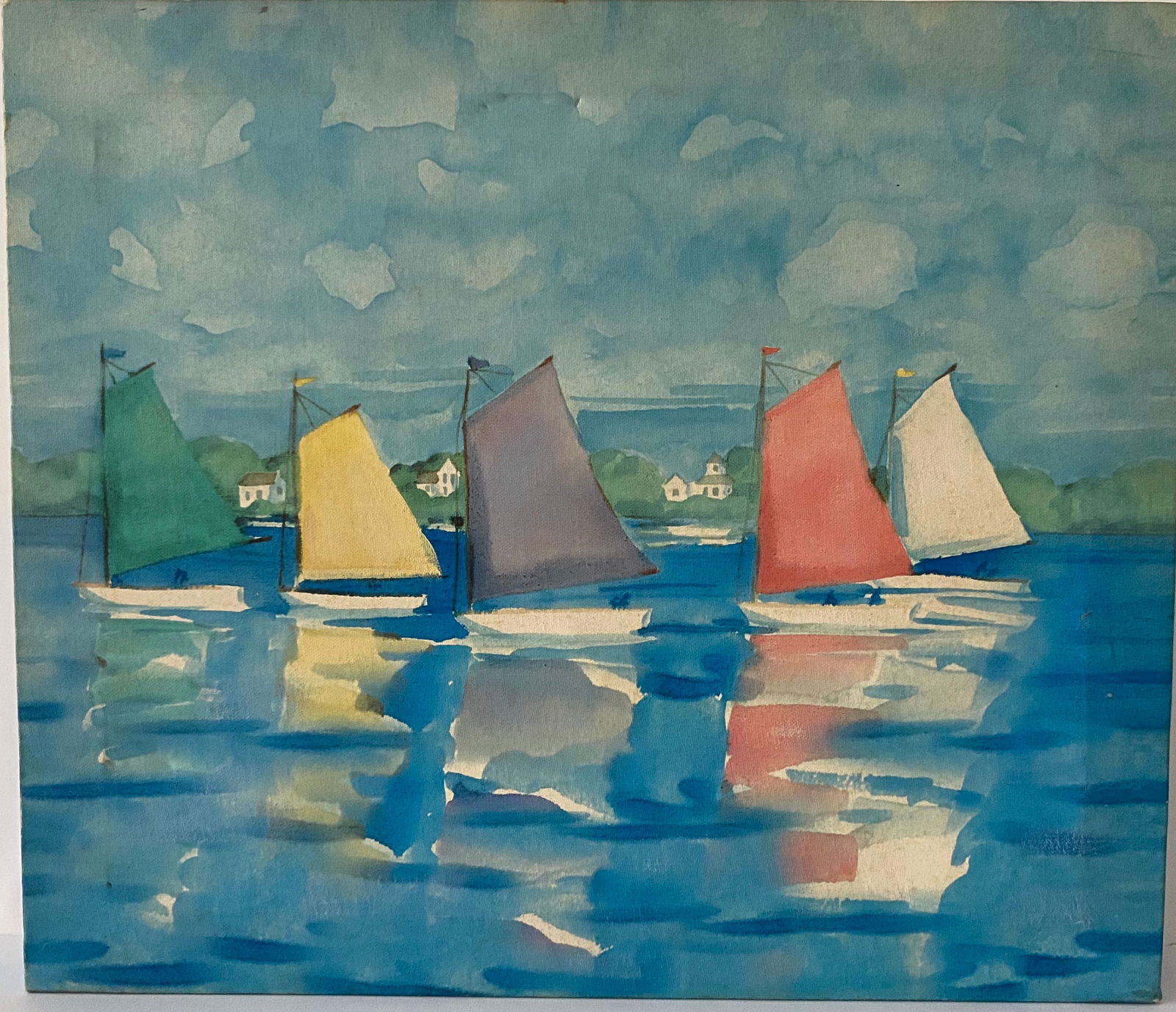 Sail Boat Painting on Canvas: Sail Boat Painting on Canvas stretch. size 18 x 15 1/2. See photos for description. Unknown artist. Good condition