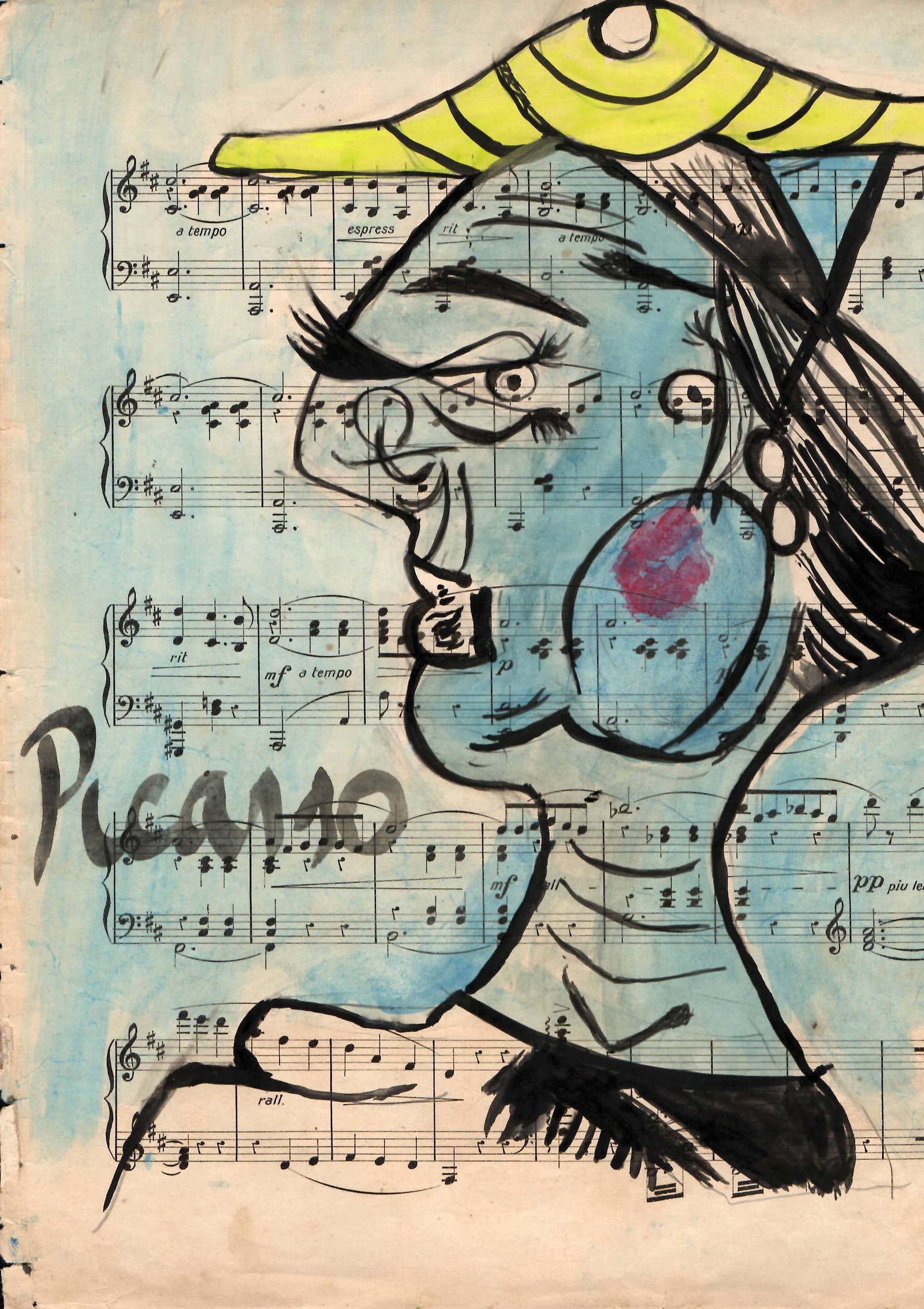 Mixed Media Pablo Picasso Drawing on Paper (after artist): Mixed Media Pablo Picasso Drawing on Paper Music Notes. Approx Size: 12 x 8 1/2 inches. Provenance: Private NY Collection.(after artist). Good Condition See Photos.The word â€œafter” is u