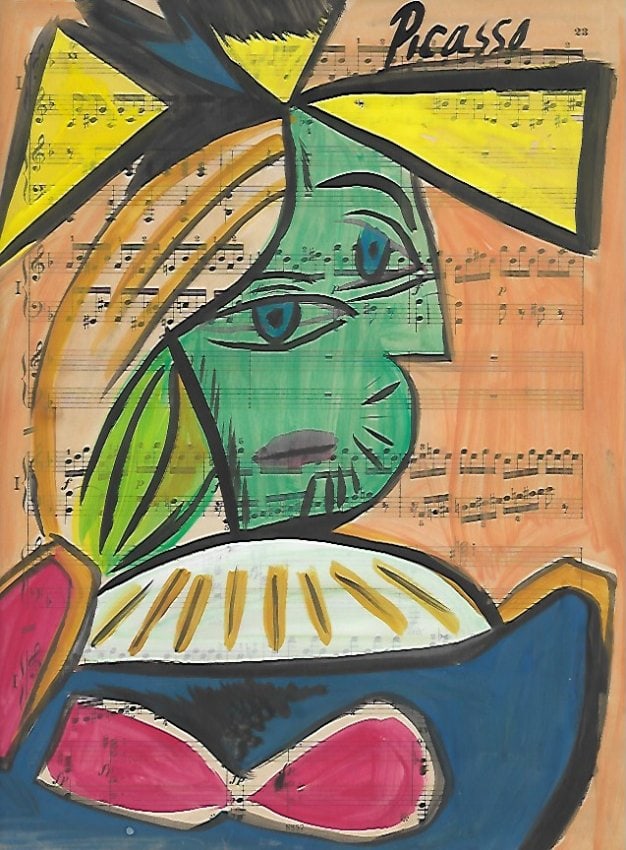 Mixed Media Pablo Picasso Drawing on Paper (after artist): Mixed Media Pablo Picasso Drawing on Paper Music Notes. Approx Size: 12 x 8 1/2 inches. Provenance: Private NY Collection.(after artist). Good Condition See Photos.The word â€œafter” is u
