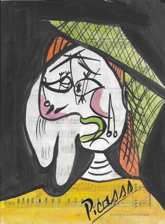 Mixed Media Pablo Picasso Drawing on Paper: Mixed Media Pablo Picasso Drawing on Paper (After Artist) . Approx Size: 12 x 8 1/2 inches. Provenance: Private NY Collection. It is being sold as is. Good Condition See Photos.After definition: For p
