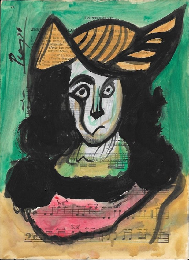 Mixed Media Pablo Picasso Drawing on Paper: Mixed Media Pablo Picasso Drawing on Paper (After Artist). Approx Size: 12 x 8 1/2 inches. Provenance: Private NY Collection. sold as is. Good Condition See Photos.After definition: For paintings/uniq