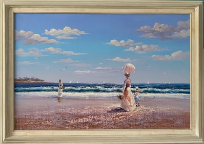 J. Miller Framed Painting, Edwardian Beach Scene