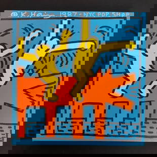 Keith Haring (Ame 1958-90) Mixed Media Painting on Canvas. Pop Art Era: Keith Haring (Ame 1958-90) Mixed Media Painting on Canvas. Pop Art Era. NYC Pop Shop 87– A Poignant Sketch by an Icon SIGNED . Approx Painting 12 x 12 inches on canvas NYC POP SHOP.The technique emp