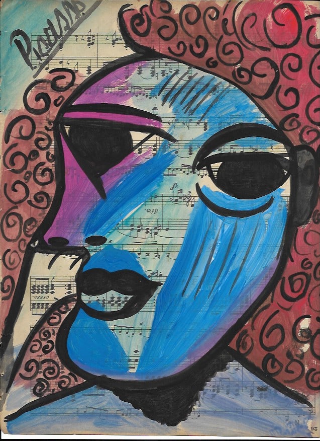 Mixed Media Pablo Picasso (After Artist) Drawing on Paper Music Notes: Mixed Media Pablo Picasso (After Artist) Drawing on Paper Music Notes. Approx Size: 12 x 8 1/2 inches. Provenance: Private NY Collection. It is being sold as in the manner Style of artist. Good Condit