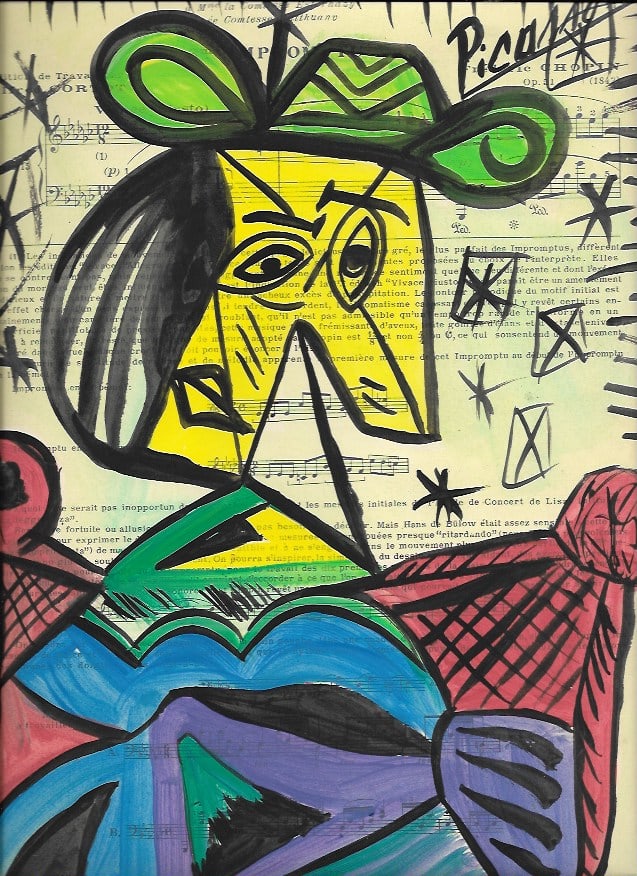 Mixed Media Pablo Picasso (After Artist) Drawing on Paper Music Notes: Mixed Media Pablo Picasso (After Artist) Drawing on Paper Music Notes. Approx Size: 12 x 8 1/2 inches. Provenance: Private NY Collection. It is being sold as in the manner Style of artist. Good Condit
