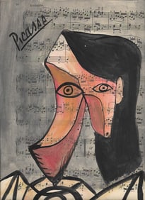Mixed Media Pablo Picasso (After Artist) Drawing on Paper Music Notes