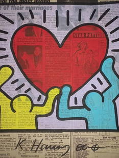 Keith Haring Newspaper - Untitled,1983 Keith Haring Newspaper Marker Art: Keith Haring Newspaper - Untitled,1983 Keith Haring Newspaper Marker Art - Keith Haring - Untitled, 1983 Black & red marker drawing on newspaper page, hand signed and dated. Stamp-certificate on the b