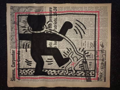 Keith Haring Newspaper - Untitled,1983 Keith Haring Newspaper Marker Art: Keith Haring Newspaper - Untitled,1983 Keith Haring Newspaper Marker Art - Keith Haring - Untitled, 1983 Black & red marker drawing on newspaper page, hand signed and dated. Stamp-certificate on the b