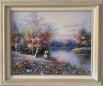 P. Milton Framed  Painting Girl fishing