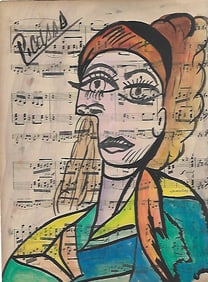 Mixed Media Pablo Picasso (After Artist) Drawing on Paper Music Notes