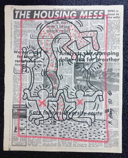 Keith Haring Newspaper Marker Art - Keith Haring - Untitled, 1981: Keith Haring Newspaper - Untitled,1981 Keith Haring Newspaper Marker Art - Keith Haring - Untitled, 1983 Black & red marker drawing on newspaper page, hand signed and dated. Stamp-certificate on the b