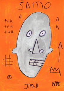 Jean Basquiat Painting on Paper "Samo": Jean Basquiat Painting on Paper "Samo". Painting Size:18 x 12 inches . Style of artist. Private NY Collection. Jean-Michel Basquiat was a Brooklyn-born artist who became a 20th century icon through hi