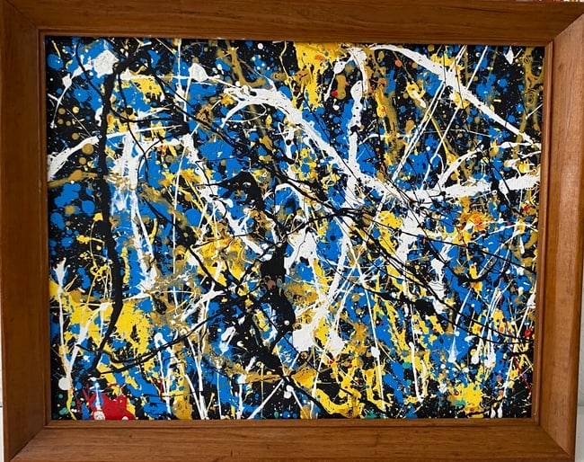 Jackson Pollock Painting on Cardboard: Jackson Pollock Painting on Cardboard. Painting Size:16 x 11 inches. Frame size: 19 x 15.Style of . See photos as part of the description . Sold as is. PROVENANCE: NEW YORK Private collection. See pho