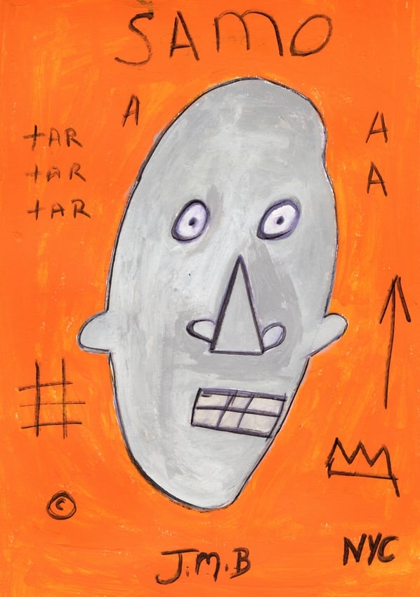Jean Basquiat Painting on Paper "Samo": Jean Basquiat Painting on Paper "Samo". Painting Size:18 x 12 inches . Style of artist. Private NY Collection. Jean-Michel Basquiat was a Brooklyn-born artist who became a 20th century icon through hi