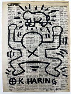 Keith Haring Newspaper - Untitled,1983 Keith Haring Newspaper Marker Art: Keith Haring Newspaper - Untitled,1983 Keith Haring Newspaper Marker Art - Keith Haring - Untitled, 1983 Black & red marker drawing on newspaper page, hand signed and dated. Stamp-certificate on the b
