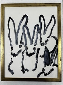 HUNT SLONEM ART PAINTING "White Party Rabbits"