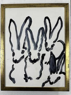 HUNT SLONEM ART PAINTING "White Party Rabbits": Hunt Slonem (b. 1951). Is an American painter, sculptor, and printmaker. He is bestKnown for his Neo-Expressionist paintings of butterflies, bunnies, and his tropical birds, often based on a personal