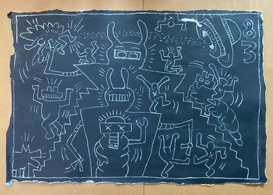 Keith Haring Painting -NYC Subway 1980’s- NYC Subway Chalk drawing on Black paper.