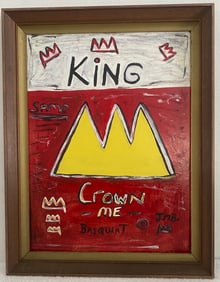 Jean-Michel Basquiat Painting on Cardboard wood Frame. "Crown"