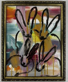 HUNT SLONEM 4 BUNNYS ART PAINTING FRAMED