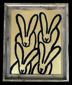 HUNT SLONEM 4 Gold BUNNYS ART PAINTING FRAMED