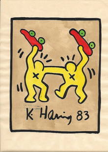 Keith Haring Drawing, Stamp on Verso: Keith Haring Drawing, Stamp on Verso, Pop Art on paper. Image Approximately Size:10 x 8 inches. This painting does not carry established document provenance, nor is any record of auction history descr