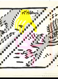 Keith Haring Drawing, Stamp on Verso: Keith Haring Drawing, Stamp on Verso, Pop Art on paper. Image Approximately Size:10 x 8 inches. . This painting does not carry established document provenance, nor is any record of auction history des