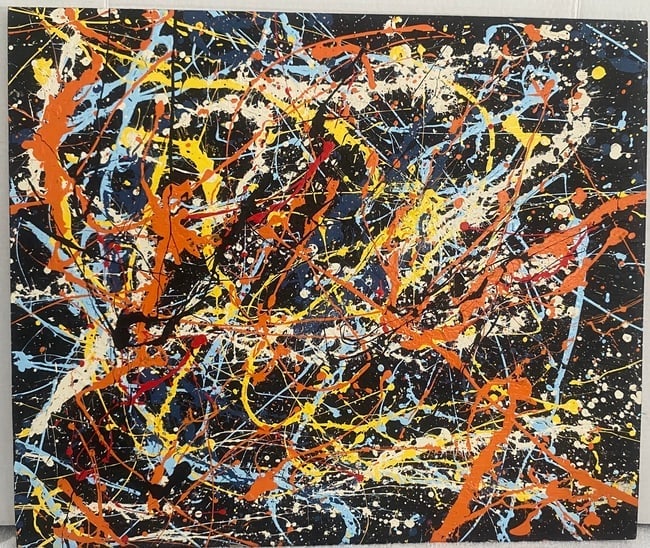 Jackson Pollock Abstract Painting on Cardboard stamp on back of Newspaper on verso: Jackson Pollock Abstract Painting on Cardboard stamp on back of Newspaper on verso (see photos for description).Style of Artist(After) Painting size: 20 x 16 . The painting is from a Private NY Collec