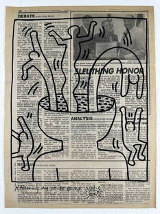 Keith Haring Newspaper - Untitled,1983 Keith Haring Newspaper Marker Art - Keith Haring - Untitled,: Keith Haring Newspaper - Untitled,1985 Keith Haring Newspaper Marker Art - Keith Haring - Untitled, 1983 Black marker drawing on newspaper page, hand signed and dated. Stamp-certificate on the back an