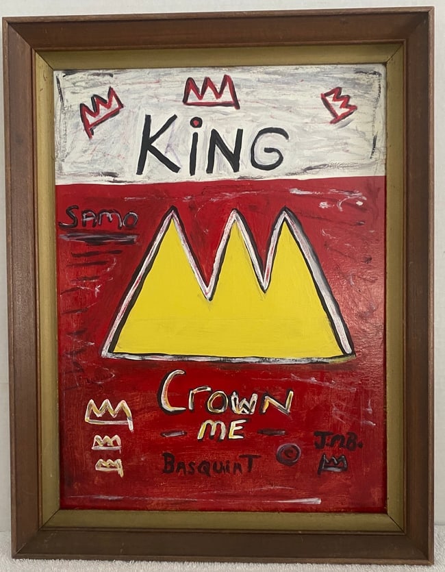 Jean-Michel Basquiat Painting on Cardboard wood Frame. "Crown": Jean-Michel Basquiat Painting on Cardboard wood Frame. "Crown"Painting size 16 x 12.Frame size: 18 1/2 x 14 1/2.Jean-Michel Basquiat was a Brooklyn-born, influential African American artist who rose t