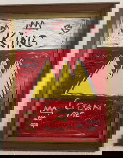 Jean-Michel Basquiat Painting on Cardboard wood Frame. "Crown": Jean-Michel Basquiat Painting on Cardboard wood Frame. "Crown"Painting size 16 x 12.Frame size: 18 1/2 x 14 1/2.Jean-Michel Basquiat was a Brooklyn-born, influential African American artist who rose t