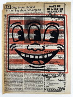 Keith Haring Newspaper - Untitled,1985  Keith Haring Newspaper Marker Art - Keith Haring - Untitled,: Keith Haring Newspaper - Untitled,1985 Keith Haring Newspaper Marker Art - Keith Haring - Untitled, 1985 Black & Red marker drawing on newspaper page, hand signed and dated. Stamp-certificate on the b
