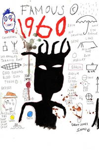 Jean-Michel Basquiat Expressionism Hand Painting Drawing on Cardboard Paper: Jean-Michel Basquiat Expressionism Hand Painting Drawing on Cardboard Paper.Not a Print. Size: 16 1/2 x 11 3/4 Inches. Provenance: W.N York consignor Private collection. it is being sold in the manner