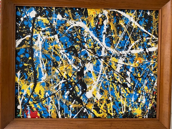 Jackson Pollock Painting on Cardboard: Jackson Pollock Painting on Cardboard. Painting Size:16 x 11 inches. Frame size: 19 x 15.Style of . See photos as part of the description . Sold as is. PROVENANCE: NEW YORK Private collection. See pho