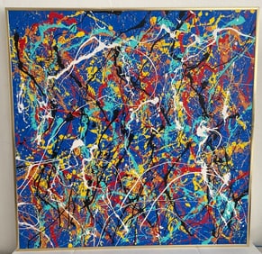 Jackson Pollock Painting on Canvas Gold Metal Frame Stamp at Verso