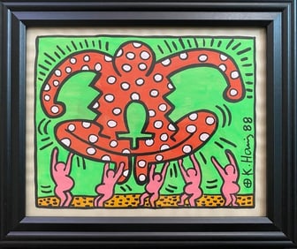 Keith Haring Drawing on Vintage Unique Paper SIGNED NYC