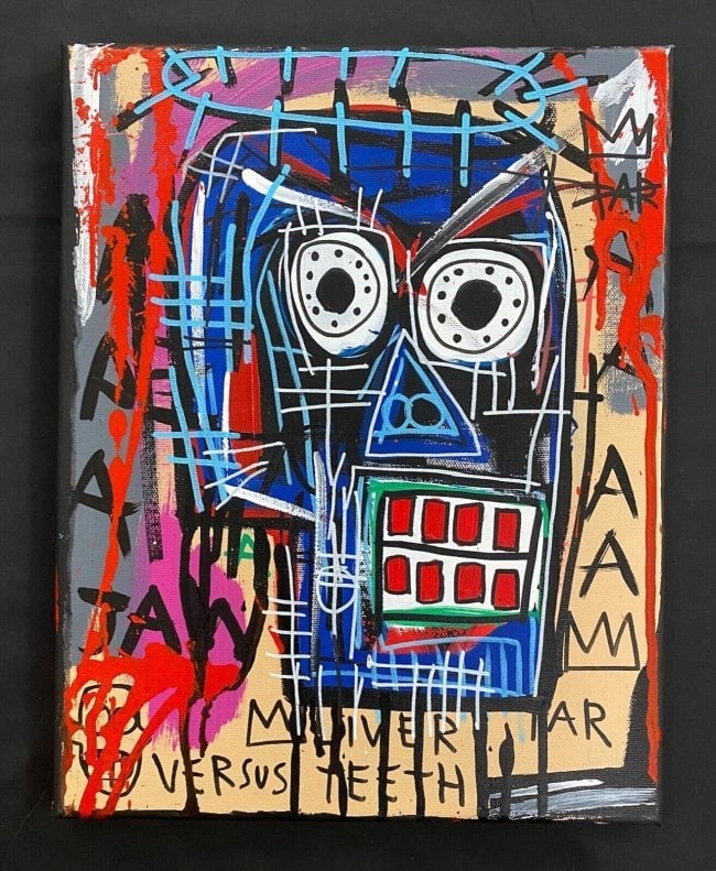 Jean Micheal Basquiat painting on Canvas: Jean Micheal Basquiat Painting on Canvas -Approx Painting Size: 14 x 11 Inches: Good condition. see photos. Jean-Michel Basquiat (Amer, 1960-1988) attributed: Head,acrylic on canvas, Basquiat first ac