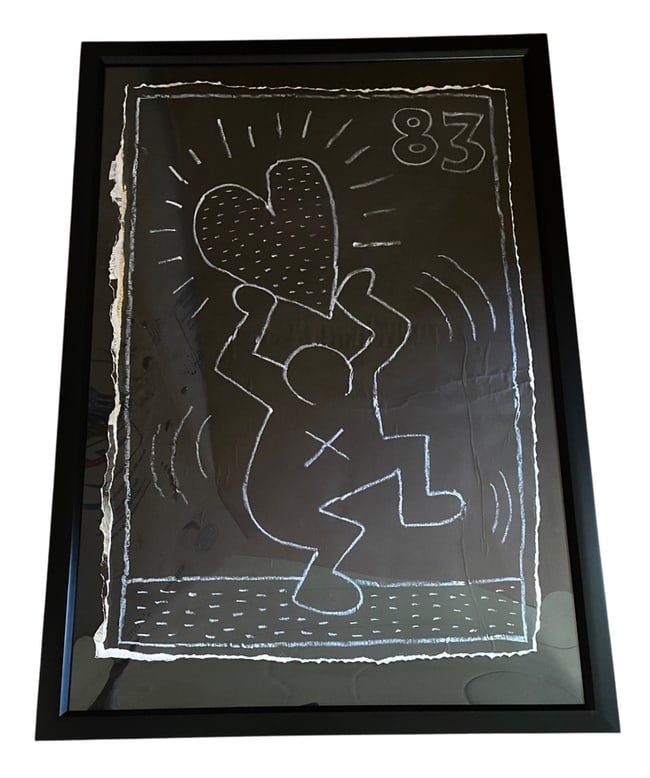 Keith Haring Painting -NYC Subway 1980’s- NYC Subway Chalk drawing on Black paper: Keith Haring Painting -NYC Subway 1980’s- NYC Subway Chalk drawing on Black paper. 42nd Street Subway, New York. HUGE Measures approximately: 32 by 24 inches on Paper that was used to cover old adve