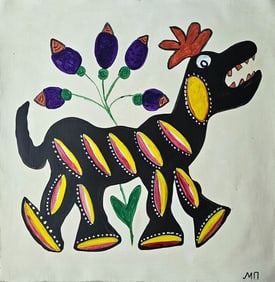 Maria Prymachenko Signed, Ukrainian 20th Century Modern Folk Art Painting on Canvas.