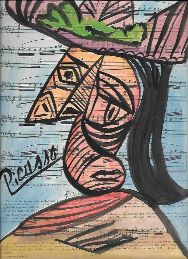 Mixed Media Pablo Picasso Drawing on Paper.(after artist): Mixed Media Pablo Picasso Drawing on Paper Music Notes. Approx Size: 12 x 8 1/2 inches. Provenance: Private NY Collection. (after artist). Good Condition See Photos.The word â€œafter” is