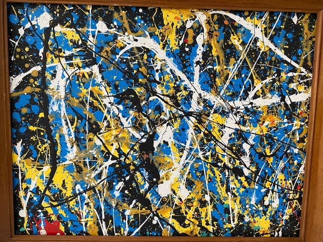 Jackson Pollock Painting on Cardboard: Jackson Pollock Painting on Cardboard. Painting Size:16 x 11 inches. Frame size: 19 x 15.Style of . See photos as part of the description . Sold as is. PROVENANCE: NEW YORK Private collection. See pho