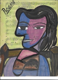 Mixed Media Pablo Picasso (After Artist) Drawing on Paper Music Notes