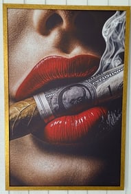 Red Lips and Money Cigar Canvas Print, Modern Pop Art