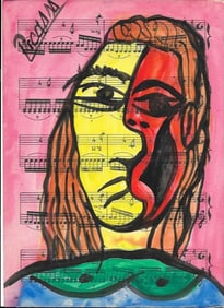 Mixed Media Pablo Picasso (After Artist) Drawing on Paper Music Notes