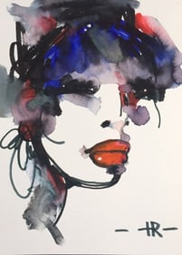 Watercolor Painting On Paper Lady Portrait Modern Art