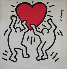 Keith Haring Signed Pop Art Oil Painting on Canvas